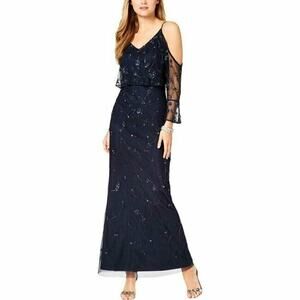 $299 Adrianna Papell Twilight Blue Sequin Beaded Cold Shoulder Gown 8 NWT